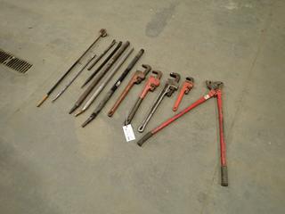 Qty Of (3) 24in Pipe Wrenches c/w (1) 14in Pipe Wrench, Chain Pliers, Pry Bars And (3) Winch Bars