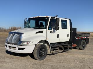 2008 International 4100 Crew Cab Deck Truck c/w MaxxForce Diesel, A/T, 9ft Deck w/ Headache Rack, Fold Down Sides, Roll Over Tarp, Fuel Tank, 20GPM 12VDC Fill-Rite Pump, A/R Susp., 3311kg Front And 5443kg Rear GAWR, 245/70R19.5 Tires, Showing 199,047Kms, 6,211Hrs, VIN 3HTMWSKK18N646745 *Note: Current CVIP Expires 12/24* (HIGH RIVER YARD)