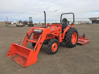 Kubota LA650A GST 4WD Tractor c/w 4-Cyl Diesel, Glide Shift Transmission N+1-8 PTO, Work Lights, 8-16 Front Tires, 13.6-26 Rear Tires, Showing 243Hrs c/w Massey Fergusson 1051 Mower Deck  (HIGH RIVER YARD)