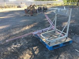 Cart w/ (12) Hangers And Cable Winch Lift *Note: Missing Wheel, Unknown Running Condition*  (HIGH RIVER YARD)