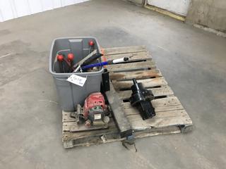 Tub of Battery Chargers, Banding Tools, Squeegee c/w Skyjack Motor, Truck Hitch T-Push Bar, 4-Stroke Honda WX10T Engine And More  (HIGH RIVER YARD)