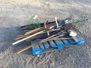 Pallet of Assorted Pry Bars, Shovels, Rakes, Farm Antiques And More  (HIGH RIVER YARD)