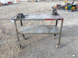 Steel Work Table, 48in X 21in X 38 1/2in w/ (2) Vises And Lower Storage Shelf  (HIGH RIVER YARD)