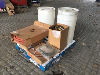 Pallet OF Assorted Rope, Insulated Heater Hoses, (2) Poly Drums And More  (HIGH RIVER YARD)