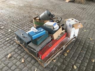 Pallet of Tool Boxes c/w Hand Tools, Files, Propane Kit, Tiger Torch, 4in Sump Pump Motor Control Box, Fire Extinguisher, Garage Door Brace Assembly And More  (HIGH RIVER YARD)