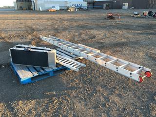 Set of  82in X 14 1/2in Folding Ramps, John Deere TY25043 88in X 12in Aluminum Loading Ramps And Reynolds 28ft Aluminum Extension Ladder  (HIGH RIVER YARD)