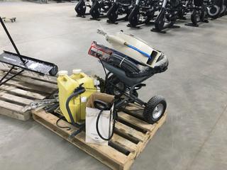 (2) Pallets of Garden Supplies c/w Seed Spreaders, Sprayers, Red Rock Pull Behind Dethatcher, Portable Toilet, Karcher Pressure Washer, Turbo Wash Wand, Hoses, Reel, Garden Spikes And More  (HIGH RIVER YARD)