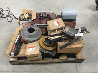 Pallet of Assorted Automotive Parts c/w Fill Rite Transfer Pump, Boost Gauge, Rotors, CB Radio, Tail Lights, 2500W Amp, Oil, Etc (HIGH RIVER YARD)