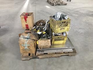 Pallet of Assorted Supplies c/w Wika Gauges, Paint Gun, Glue, Plastic Cement, Valves, Extension Cords, Trailer Adapter Cords, Cat Parts, Etc (HIGH RIVER YARD)