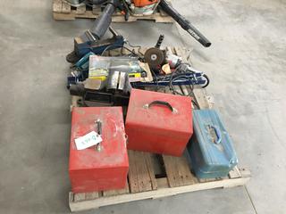 Pallet of (3) Tool Boxes with Contents, Bench Vises, Grinder, Hammerdrill, Heat Guns, Etc  (HIGH RIVER YARD)