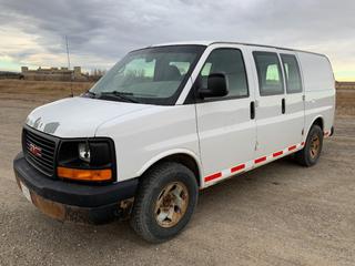 2008 GMC Savana G1500 Cargo Van c/w 4.3L V6, A/T, AC, Steel Cab Divider, Spare Set of Tires w/Rims, 245/75R16 Tires, Showing 162,890Kms, VIN 1GTFG15X481119791 (HIGH RIVER YARD)