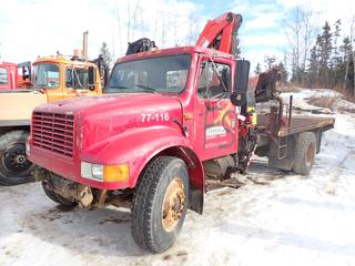 1991 International 4700 4X2 Picker Truck c/w Navistar Diesel, A/T, 14ft X 8ft Deck, Fassi F110A.24 Picker w/ 5-Stage Boom, (2) Outriggers, 188in WB And 11R22.5 Tires. Showing 1188hrs, 12,684kms. VIN 1HTSCNMN4MH388413 *Note: (1) Outrigger Broken, Need Batteries, No Front Bumper, Drive Shaft Missing, Step On Drivers Side Bent, Running Condition Unknown*