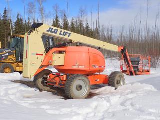 2012 JLG 600AJ Articulating Boom Lift c/w CAT C3.4 Diesel, 2-Stage Boom, 500lb Max Cap. 60ft Max Platform Height, 39ft Max Horizontal Reach And 355/55D625 Tires. Showing 3642hrs. SN 0300163231