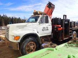 Ford T/A Picker Truck c/w Caterpillar Diesel Engine, Allison A/T, 20ft X 8ft Deck, Atlas Crane 140.1 SLE System Picker w/ 5-Stage Boom, (2) Outriggers, Storage Box And Hose Reels. Showing 6827hrs, 022,014kms. *Note: Unable To Verify VIN, Bill Of Sale Only, Door Panels Dismantled, Running Condition Unknown* 