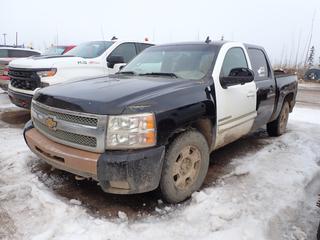 2012 Chevrolet Silverado 4X4 Crew Cab Pickup c/w Vortec 4.8L, A/T And LT255/70R16 Tires. Showing 209,797kms. VIN 3GCPKSEA4CG129638 *Note: No Rear Seat, Interior Door Panel Missing, Missing Buttons On Dash, Heater Plate Not Attached, Front Bumper Damaged, Flat Tire*