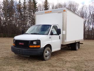 2013 GMC Savana 4X2 Van Truck c/w 6.0L V8 Gas, 12,300lb GVWR, 4300lb Fronts, 8600lb Rears, Multi Vans Model 16FC097084 16ft Van Body, Storage Cabinets, 10ft X 27in Slide Out Ramp, 178in WB And LT225/75R16 Tires. Showing 4529hrs, 180,809kms. VIN 1GD374CG8D1133805 *Note: Windshield Cracked* **Located In Edmonton**