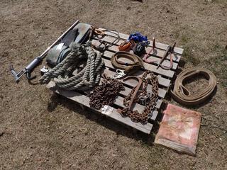 Qty Of Chain, Ratchet Straps, Tow Rope, Pulp Hooks, Barrel Pump, 6in Strap And Assorted Supplies **Located In Edmonton**