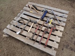 Grease Gun, Level, Square, 18in And 24in Pipe Wrench, Tire Wrench, Brushes And Assorted Supplies **Located In Edmonton**