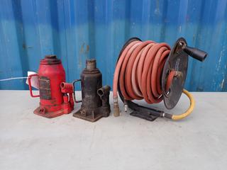 Campbell Hausfeld Hose Reel c/w Propel 20-Ton Bottle Jack And Unknown Size Bottle Jack **Located In Edmonton**