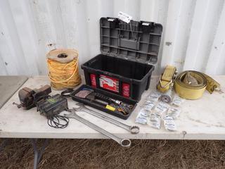 Husky 22in Toolbox c/w 1 3/4in And 1 5/8in Wrench, Oil Filter, 3/4in Extension, 3in Vise, Nylon Rope, Battery Charger And Assorted Supplies **Located In Edmonton**