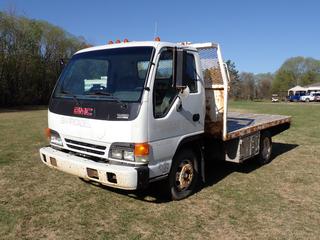 2004 GMC W4 4X2 Deck Truck c/w Isuzu NPC7SC 4.75L Diesel, A/T, 12,000lb GVWR, 4700lb Fronts, 7950lb Rears, 11ft X 7 1/2ft Deck, 112in WB And LT215/85R16 Tires. Showing 179,257kms. VIN J8DB4B14547005913 **Located In Edmonton**