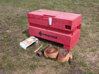 Procore 3ft X 17in X 22in Storage Box c/w Erickson 4in X 30ft Straps And Assorted Supplies **Located In Edmonton**