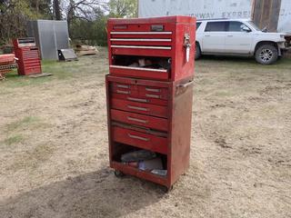 27in X 18in X 43in Bottom Chest c/w Professional Series Mastercraft 26in X 16in X 20in Top Chest And Contents *Note: Drawers Missing* **Located In Edmonton**