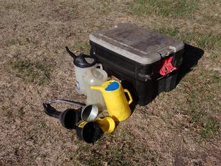 Rubbermaid Storage Container w/ Measuring Jugs And Fuel Filter Funnel  **Located In Edmonton**