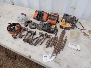 Qty Of Wood Bits, Hole Saw Bits, Concrete Bits, (2) Ridgid 18V Battery Chargers, DeWalt Charger And Battery And RYOBI 18V Charger And Battery **Located In Edmonton**