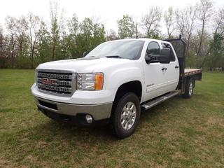2014 GMC Sierra 3500HD 4X4 Crew Cab Flat Deck Truck c/w 6.0L Vortec V8 Gas, A/T, 11,000lb GVWR, 4800lb Fronts, 7050lb Rears, Caytec 9ft x 7ft deck And LT275/70R18 Tires. Showing 6797hrs, 55,499km. VIN 1GT423CG8EF174845 **Located In Edmonton**