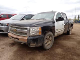 2012 Chevrolet Silverado 4X4 Crew Cab Pickup c/w Vortec 4.8L, A/T And LT255/70R16 Tires. Showing 209,797kms. VIN 3GCPKSEA4CG129638 *Note: No Rear Seat, Interior Door Panel Missing, Missing Buttons On Dash, Heater Plate Not Attached, Front Bumper Damaged, Flat Tire* **This Item is Located @ 1 Sunset Boulevard, Fort McMurray AB, For More Info Contact Tony @780-935-2619*