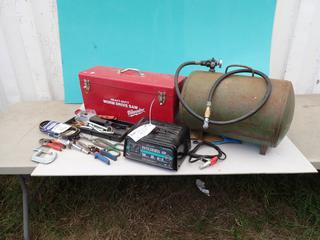 Schumacher Electric SE50 120V 12VDC Battery Charger c/w Portable Compressed Air Tank, Hose And Toolbox w/ Cutters, Clamps, Belts And Assorted Supplies **Located In Edmonton**