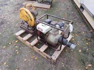 Dewalt D28710 120V 14in Chop Saw c/w Honda WB30X 2in Trash Pump *Note: No Pull Cord, Running Condition Unknown* **Located In Edmonton**