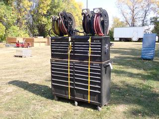 Procore 52in X 18in X 41in 14-Drawer Portable Bottom Toolbox c/w 52in X 16in X 20in Top Chest, Keys, (3) Air Hose Reels And Oxy/Acetylene Hose Reel **Located In Edmonton**