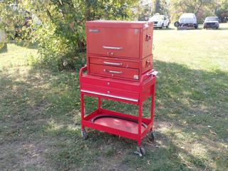 Mastercraft 26in X 12in X 23in Toolbox c/w Portable Toolbox Storage Bench w/ 30in X 16in X 32in Drawer And Tire Repair Accessories **Located In Edmonton**