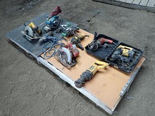 Dewalt DW304P 120V Reciprocating Saw, Skil Saw 5480 120V 7 1/4in Circular Saw, Dewalt D25303 120V Rotary Hammer, Milwaukee 120V 1/2in Drill, Dewalt DWE4011 120V 4 1/2in Angle Grinder, 120V Impact Wrench, Hitachi 1/2in Router, Makita Belt Sander And Dewalt DW364 Circular Saw *Note: Working Condition Unknown* **This Item Is Located @ 23453 Township Rd 502, Rolly View AB, For More Info Contact Tony @780-935-2619, Viewing And Removal By Appointment Only**