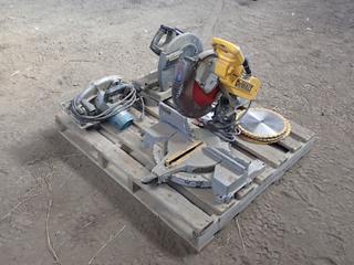 Dewalt DW716 120V 12in Double Bevel Compound Miter Saw c/w Makita 120V 10 1/4in Circular Saw, Black & Decker 120V 14in Chop Saw And Qty Of Assorted Blades *Note: Cord Missing On Chop Saw* **This Item Is Located @ 23453 Township Rd 502, Rolly View AB, For More Info Contact Tony @780-935-2619, Viewing And Removal By Appointment Only**
