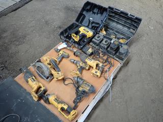 Qty Of Assorted Dewalt Hand Tools Includes: 18V 4 1/2in Grinder, Impact Wrench, Reciprocating Saw, 6 1/2in Circular Saw, 1/2in Drill, 2in Brad Nailer And Qty Of 18 And 20V Batteries **This Item Is Located @ 23453 Township Rd 502, Rolly View AB, For More Info Contact Tony @780-935-2619, Viewing And Removal By Appointment Only**