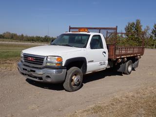 2006 GMC Sierra 4X2 Flat Deck Truck c/w 6.0L Vortec, A/T, 12ft X 8ft Deck, 2in Ball Hitch And LT215/85R16 Tires. Showing 241,699kms. VIN 1GDJC34U76E234640 *Note: Engine Light And ABS Light On, Dent In Front Bumper, Missing Driver Side Mirror, Windshield Cracked, Scratches* **This Item Is Located @ 23453 Township Rd 502, Rolly View AB, For More Info Contact Tony @780-935-2619, Viewing And Removal By Appointment Only** PL#4045