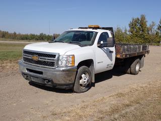 2013 Chevrolet Silverado 3500 HD 4X4 Flat Deck Truck c/w 6.0L, A/T, 11ft X 8ft Deck, (2) Fuel Tanks And LT235/80R17 Tires. Showing 199,881kms. VIN 1GB3KZCG0DF223649 *Note: Windshield Cracked, Engine Light On* **This Item Is Located @ 23453 Township Rd 502, Rolly View AB, For More Info Contact Tony @780-935-2619, Viewing And Removal By Appointment Only** PL#4046