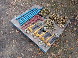 Qty Of (4) Ancra 20ft X 3/8in 6600lb Chains c/w (4) Ratchet Boomers, (2) Chain Binders And Qty Of Trailer Pins **Located In Edmonton**