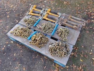 Qty Of (3) 20ft X 3/8in 6600lb And (3) 12ft X 3/8in Chains c/w (6) Ratchet Boomers And (3) Trailer Pins **Located In Edmonton**