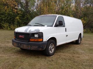 2007 GMC Savana 4X2 Cargo Van c/w 6.0L Vortec, A/T, 9600lb GVWR And LT245/75R16 Tires. Showing 309,269kms. VIN 1GTHG39U371177555 *Note: Windshield Cracked, Rust, Scratches, Dents* **Located In Edmonton**