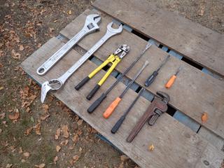 JET 2 1/4in Wrench, 24in Adjustable Wrench, Bolt Cutters, 18in Pipe Wrench And Screwdriver Pry Bars  **Located In Edmonton**