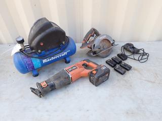 Mastercraft 2-Gal 100PSI Air Compressor c/w Ridgid Circular Saw, Ridgid 24V Reciprocating Saw, (1) Battery, Paslode Charger w/ Batteries **Located In Edmonton**