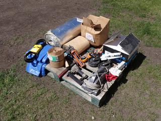 Qty Of Foil Insulation, Heat Bond Tape, Blue Skin Water Resistive Barrier, Tarp, Floor Sweeping Compound, Storage Totes, Belts, Caulking Gun, Hammer, Nailer, 3 1/4in Coil Nails, Casters, Vacuum And Assorted Supplies **Located In Edmonton**