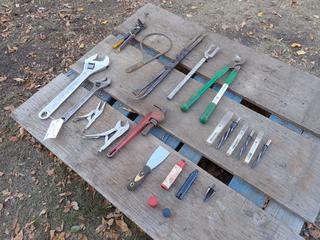 12in And 18in Adjustable Wrenches, Greenlee 718 Cable Cutter, Pry Bars, Filter Wrench, Terminal Cleaners And Assorted Reamers **Located In Edmonton**