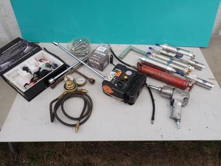 Qty Of Pneumatic Cylinders, Gauge, Grease Gun, Wheel Wrench, Air Gun, Bolts And Assorted Supplies **Located In Edmonton**