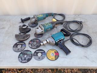 Makita 6013BR 120V 1/2in Drill c/w Makita 5in And 6in Angle Grinders And Assorted Unused 5in And 4in Cut Off Discs **Located In Edmonton**