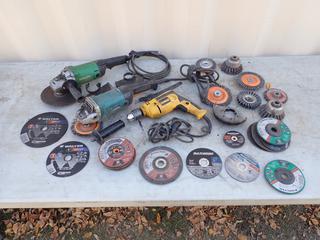 Dewalt DWE5010 120V 1/2in Drill c/w Hitachi And Makita 120V 5in Angle Grinders And Qty Of Assorted Cut-Off Discs, Grinding Discs And Wire End Brushes **Located In Edmonton**